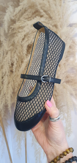 Mary Jane Mesh Flat Shoe - Black