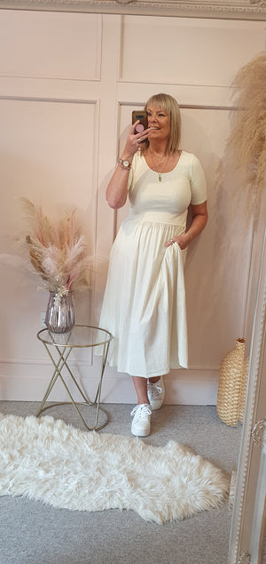 Capped Sleeve Dress - Cream - Wardrobe By Simone