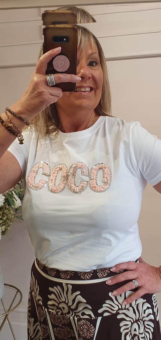 Coco Sparkle & Pearl T Shirt  - White - Wardrobe By Simone