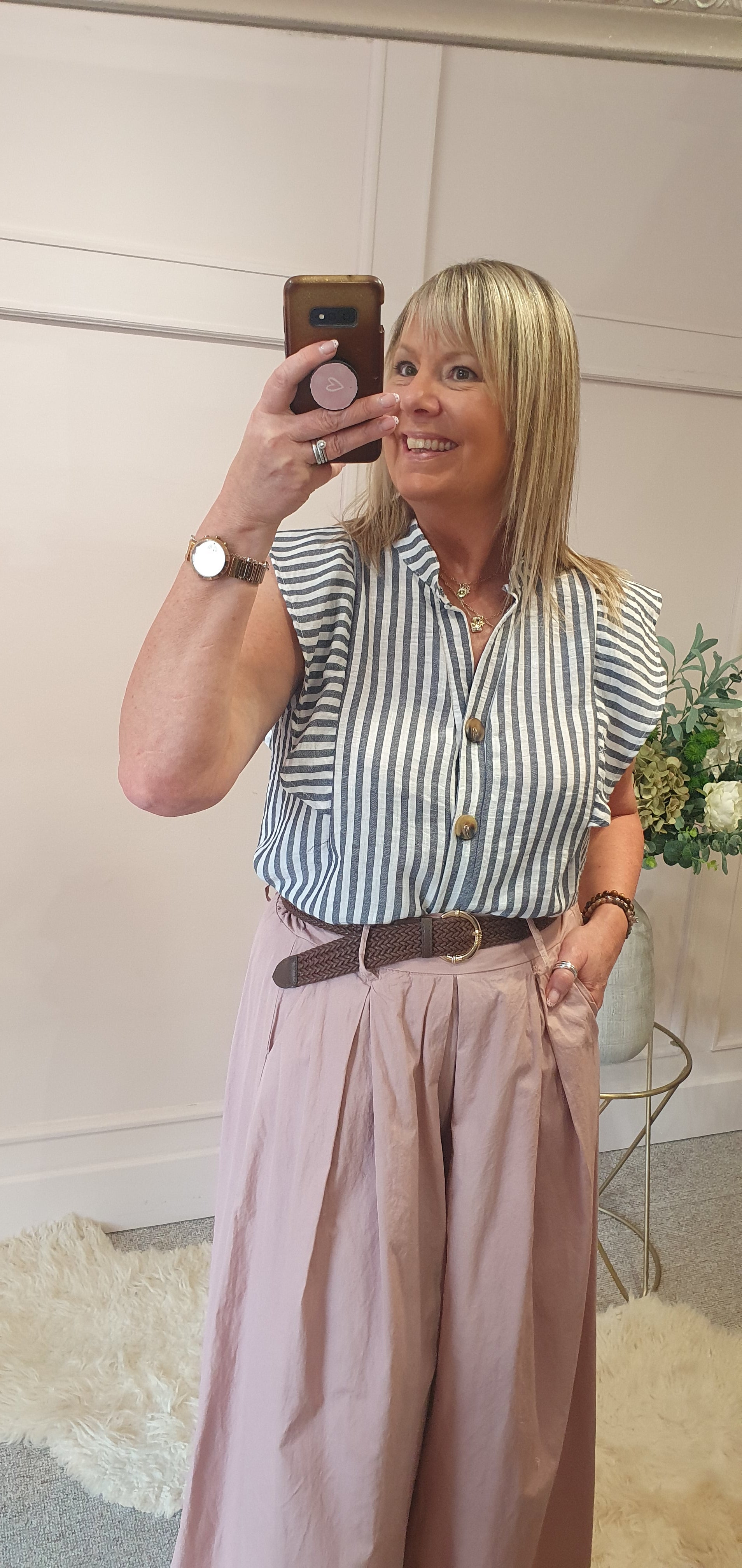 Striped Frilled Sleeve Shirt  - Indigo/White - Wardrobe By Simone