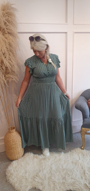 Geometric Print Maxi Dress - Green/White