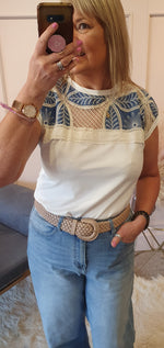 Crochet Detail Touch Of Blue T Shirt - Cream/Blue