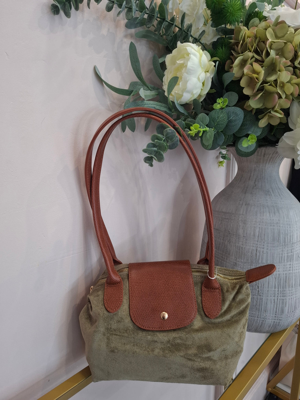 Tan Detail Shoulder Bag  - Sage/Tan