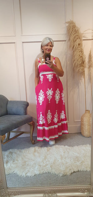 Strappy Border Print Maxi Dress - Fuchsia/White