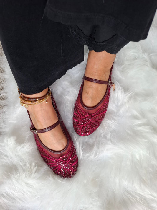 Sparkle Beaded Mary Jane - Burgundy - Wardrobe By Simone