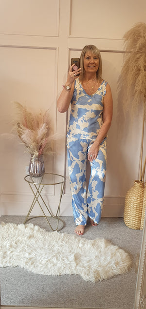 Cow Print Wide Pants - Blue/Cream - Wardrobe By Simone