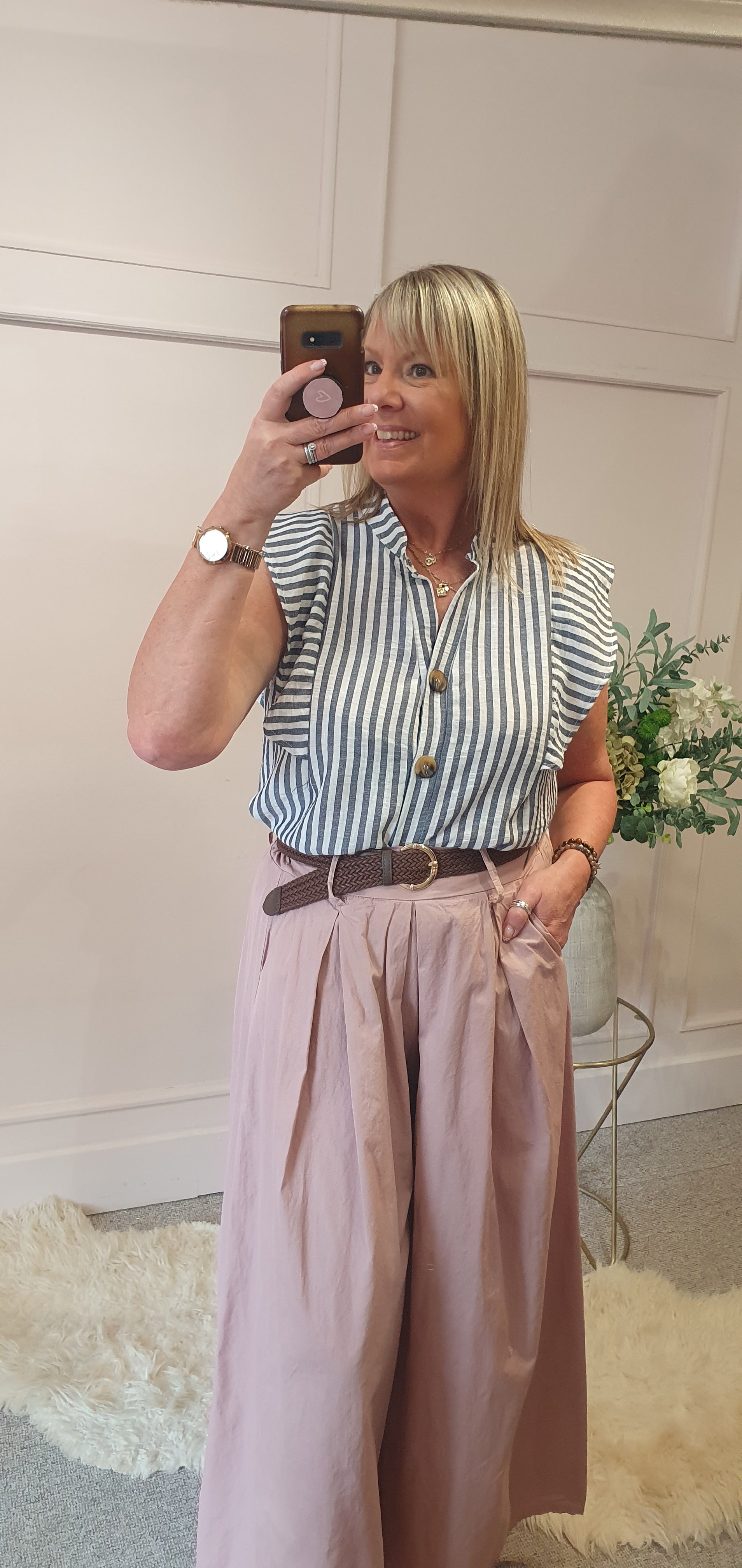 Striped Frilled Sleeve Shirt  - Indigo/White - Wardrobe By Simone