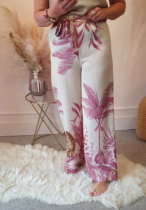 Cheetah & Palm Print Wide Pant - Wine/Cream