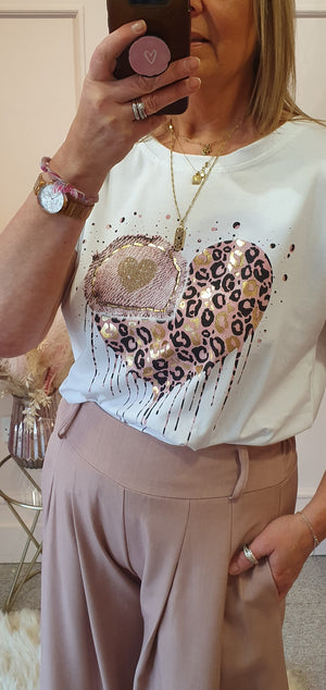 Pink/Gold Melting Heart T Shirt - White