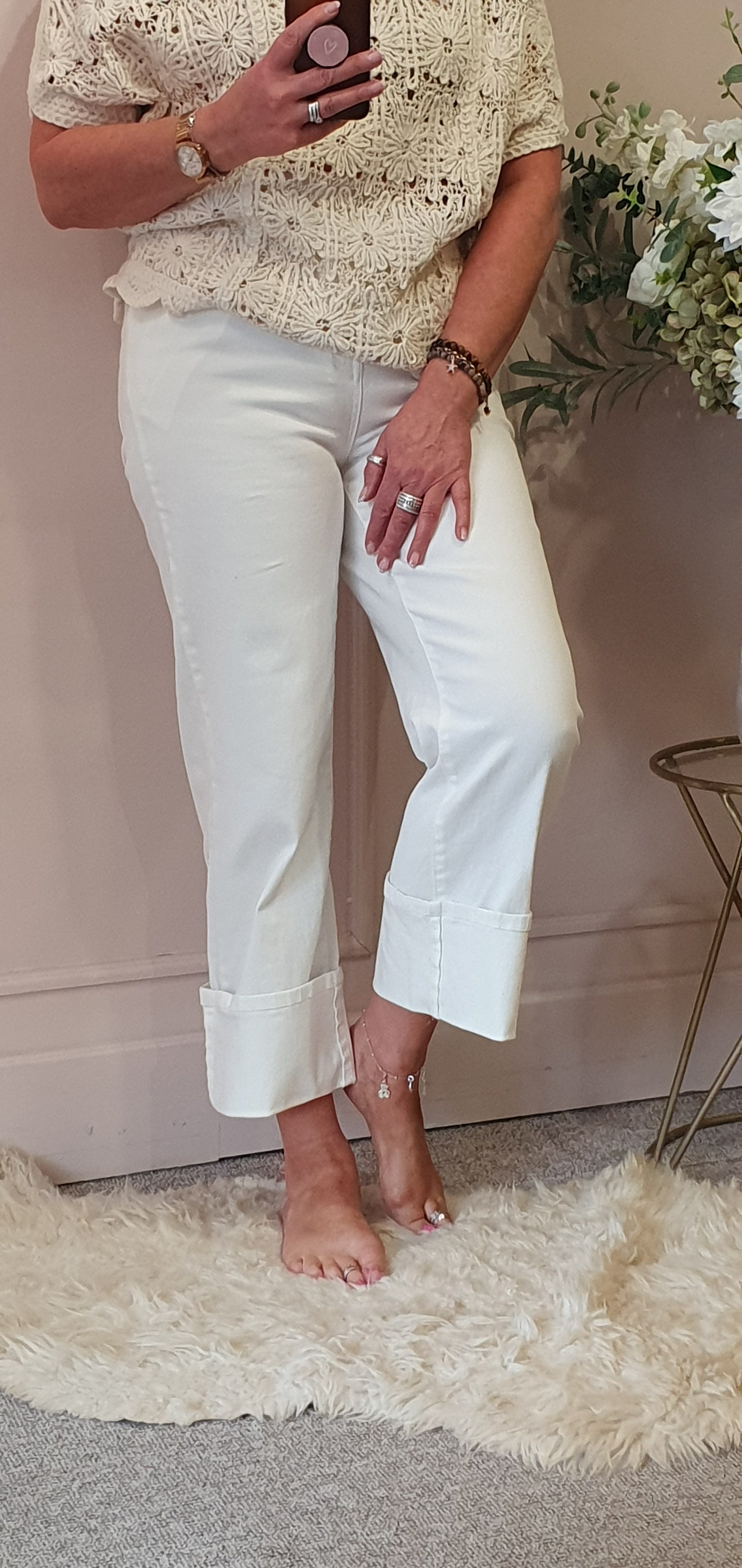 Turn Up Wide Jeans - White - Wardrobe By Simone