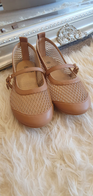 Mary Jane Mesh Flat Shoe - Beige