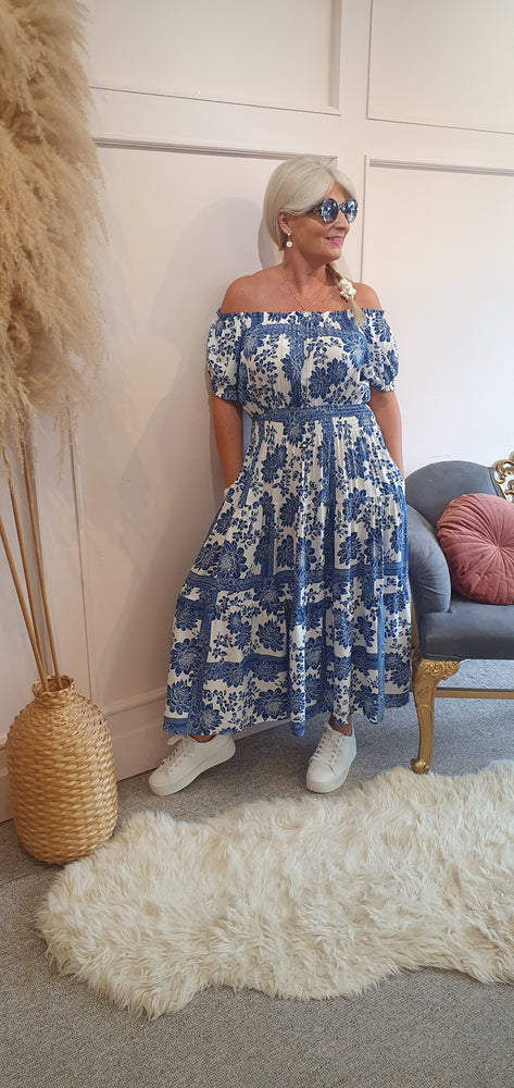 Full Bloom Midi Dress - Blue/White