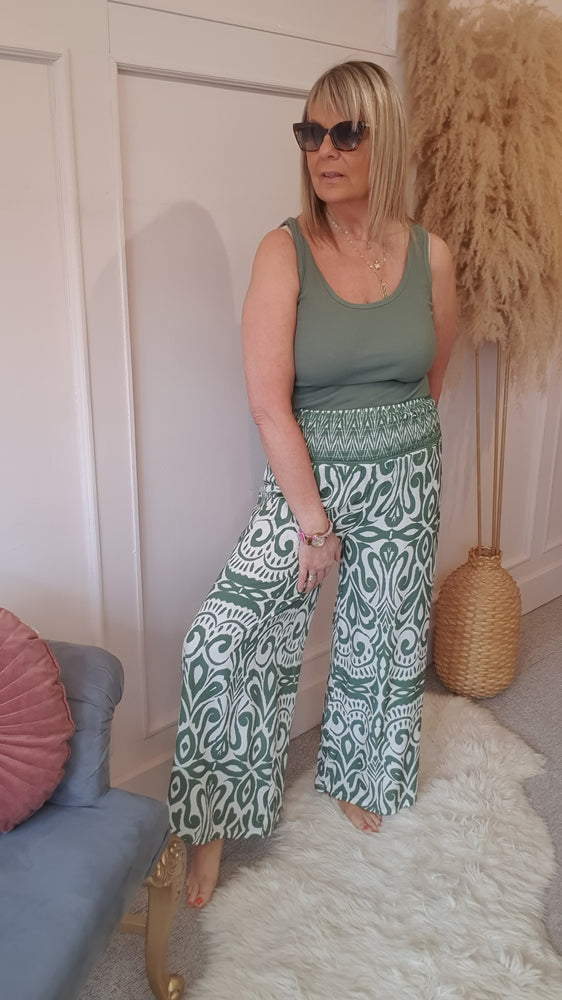 Aztec Palazzo Pants - Khaki/Cream