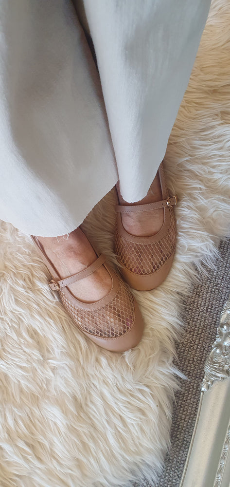 Mary Jane Mesh Flat Shoe - Beige