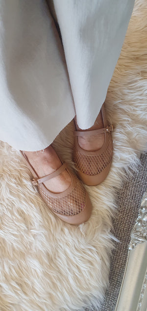 Mary Jane Mesh Flat Shoe - Beige