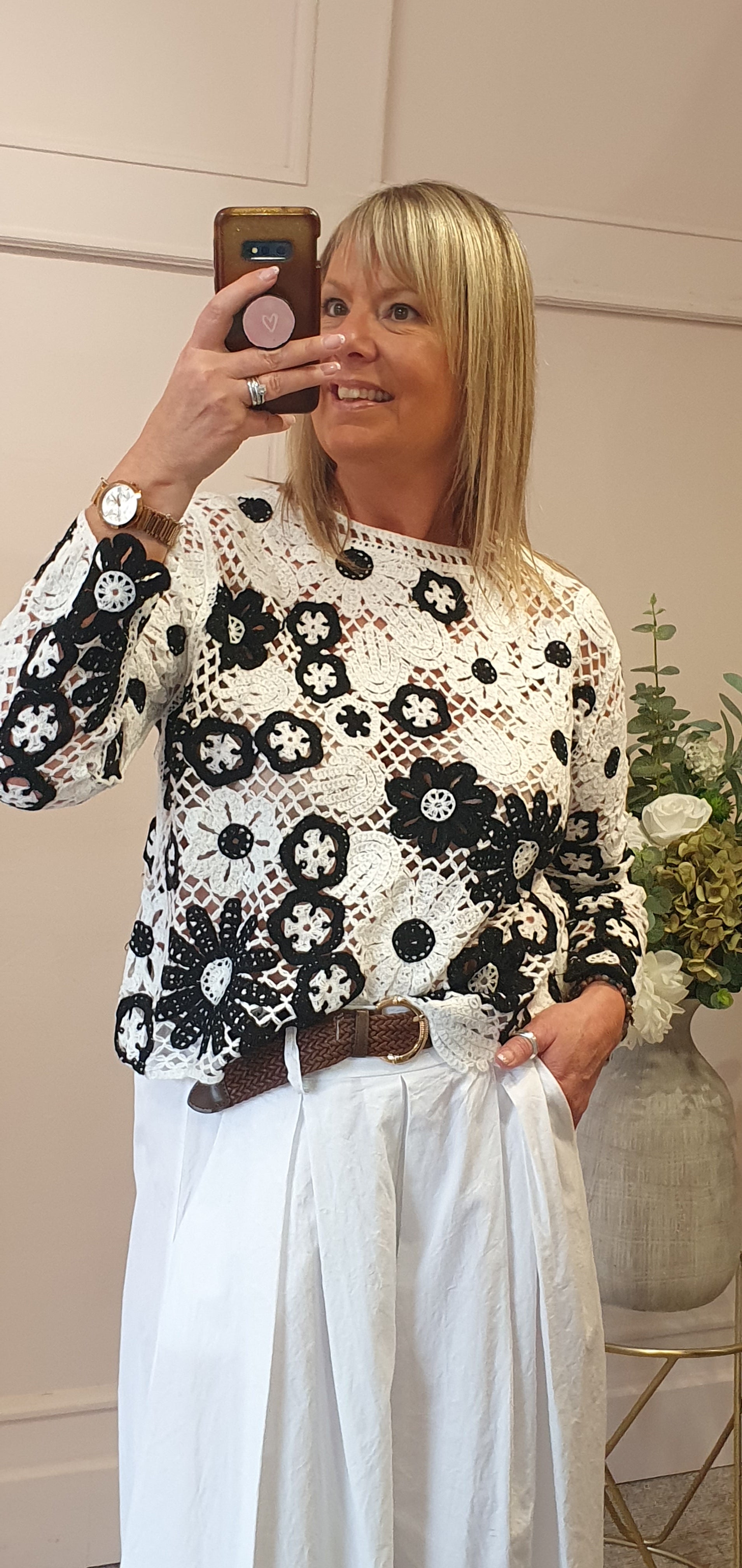 Crochet Flower Jumper - White/Black - Wardrobe By Simone