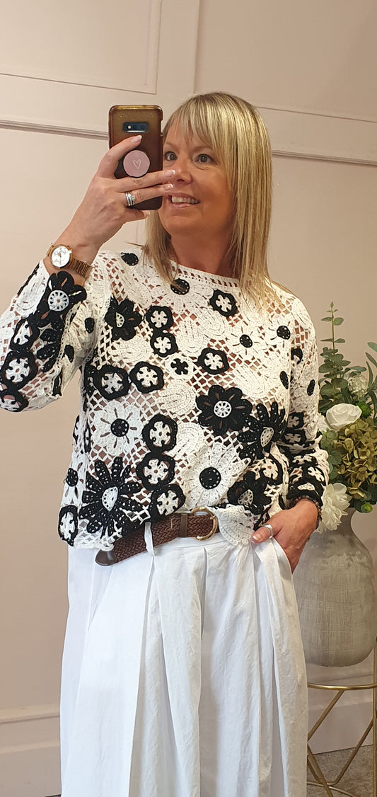 Crochet Flower Jumper - White/Black - Wardrobe By Simone