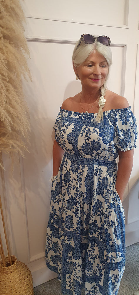 Full Bloom Midi Dress - Blue/White