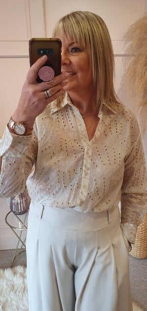 Embroidery Detailed Shirt - Light Beige - Wardrobe By Simone