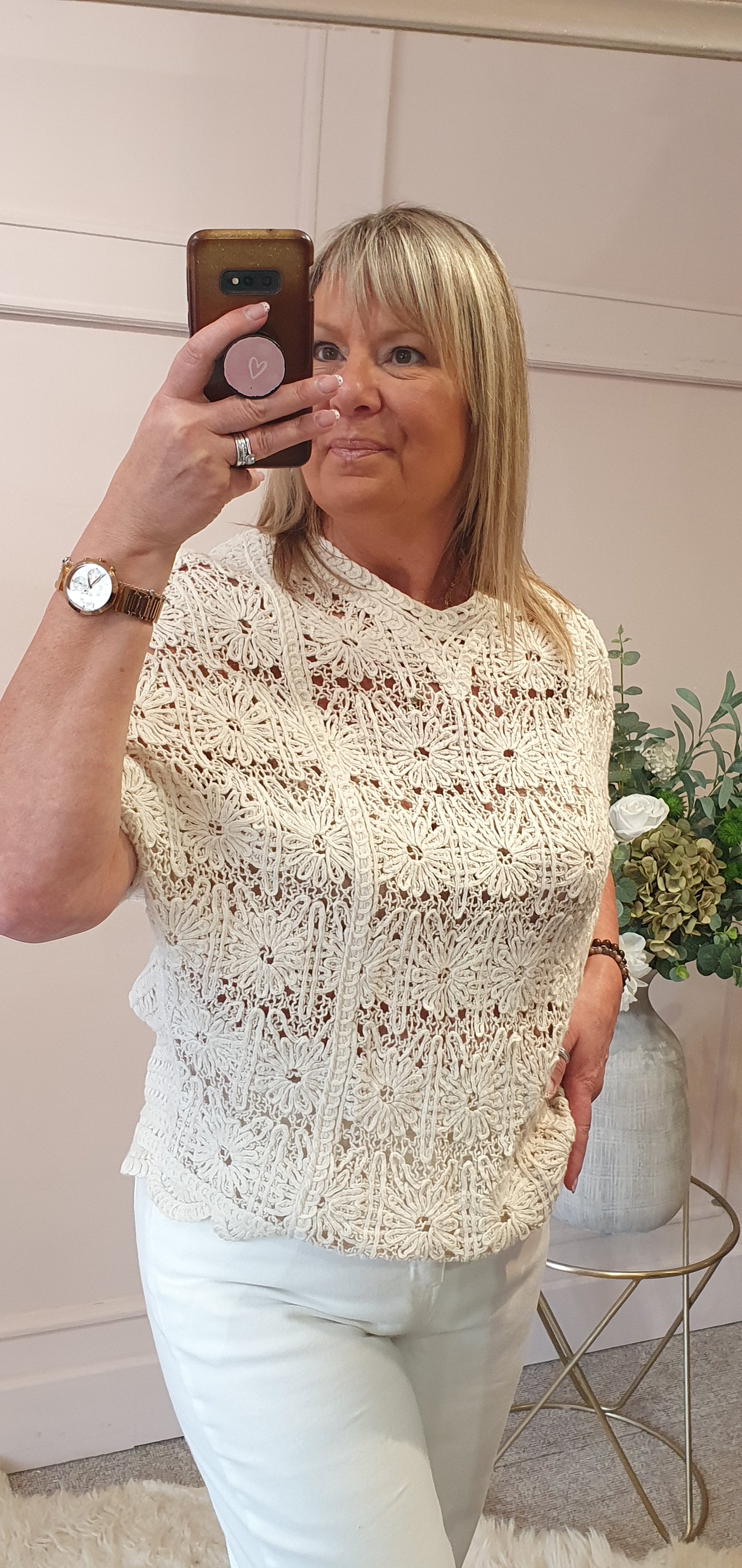 Crochet Floral Scallop Edge Jumper - Cream - Wardrobe By Simone
