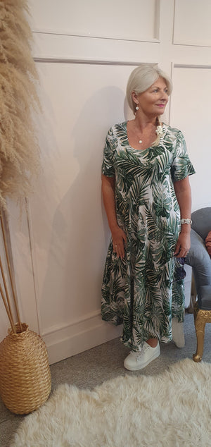 Palm Breeze Maxi Dress - Green/White