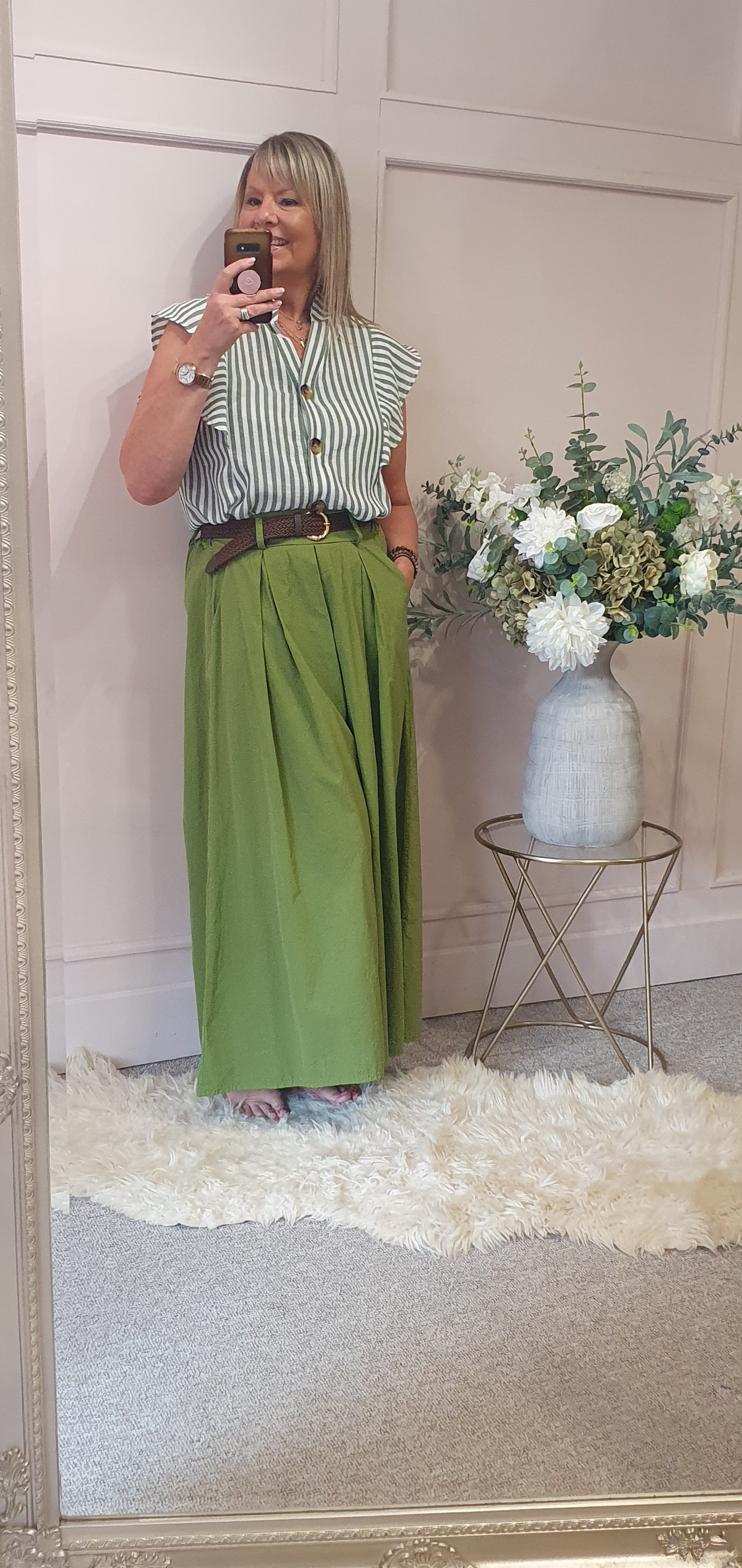 Striped Frilled Sleeve Shirt  - Green/White - Wardrobe By Simone