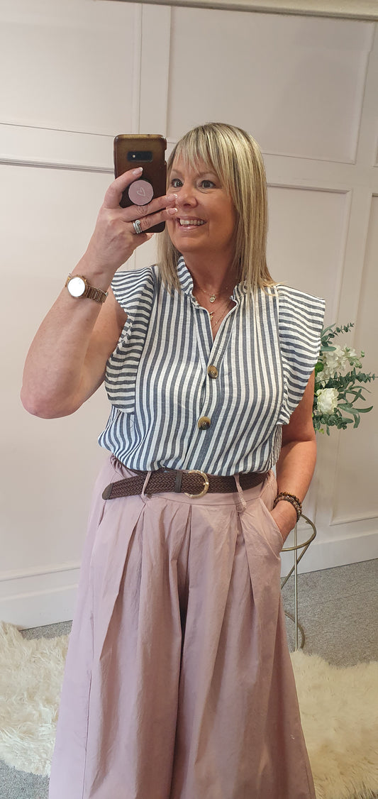 Striped Frilled Sleeve Shirt  - Indigo/White - Wardrobe By Simone
