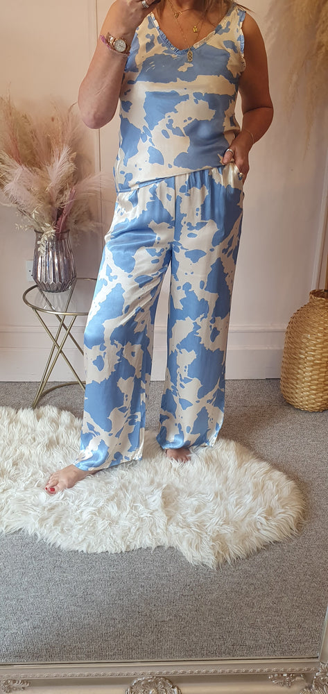 Cow Print Wide Pants - Blue/Cream - Wardrobe By Simone