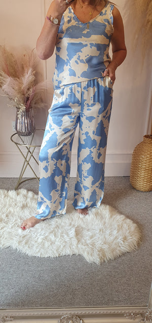 Cow Print Wide Pants - Blue/Cream - Wardrobe By Simone