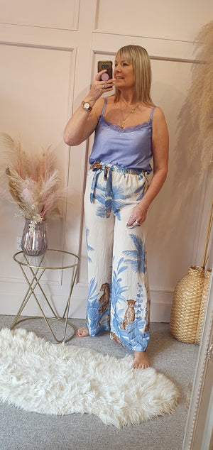 Cheetah & Palm Print Wide Pant -  Blue/Cream