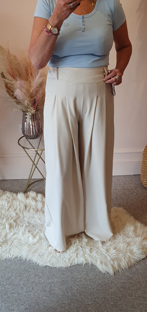 Pleated Front Wide Pant - Cream - Wardrobe By Simone