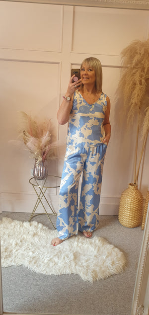 Cow Print Wide Pants - Blue/Cream - Wardrobe By Simone