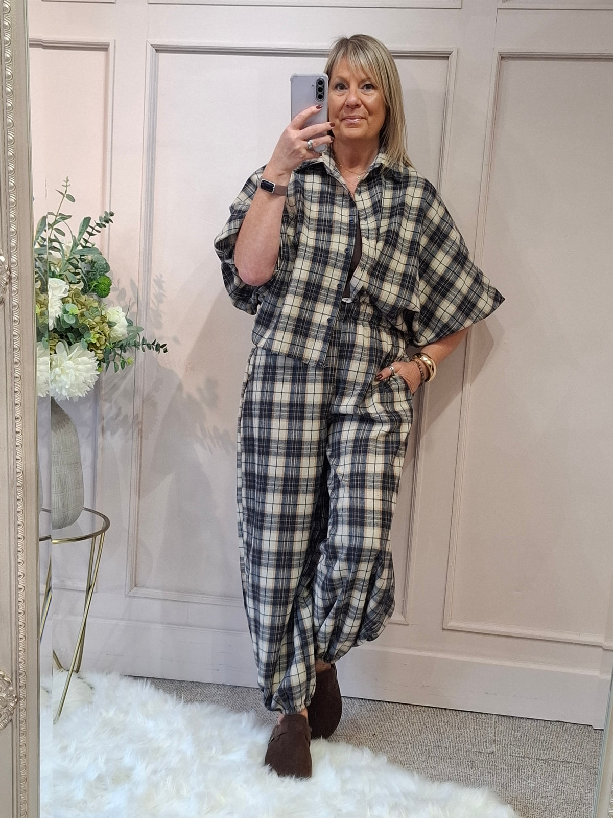Checked Shirt & Pant Set - Navy/Cream