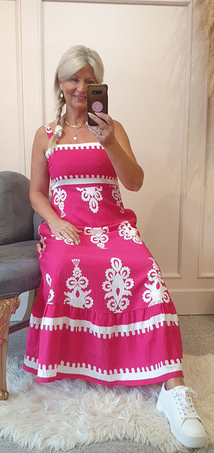 Strappy Border Print Maxi Dress - Fuchsia/White