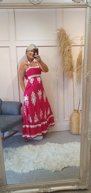 Strappy Border Print Maxi Dress - Fuchsia/White