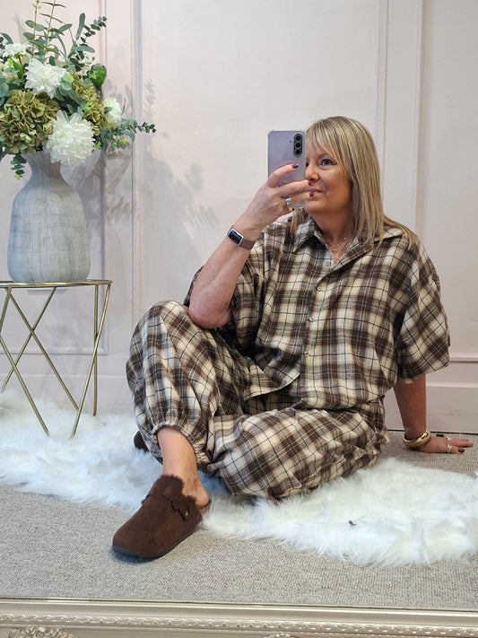 Checked Shirt & Pant Set - Brown/Cream - Wardrobe By Simone
