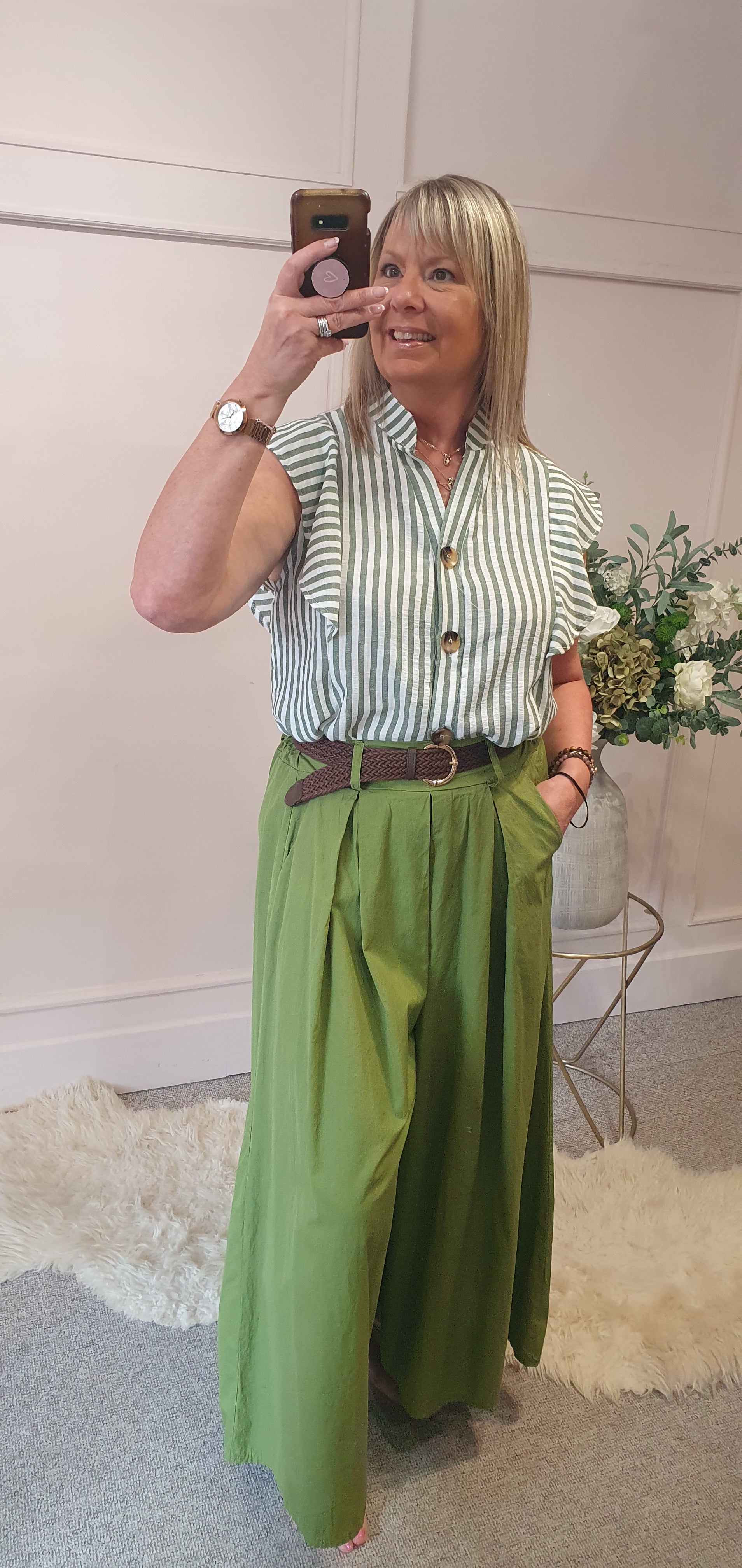 Striped Frilled Sleeve Shirt  - Green/White - Wardrobe By Simone