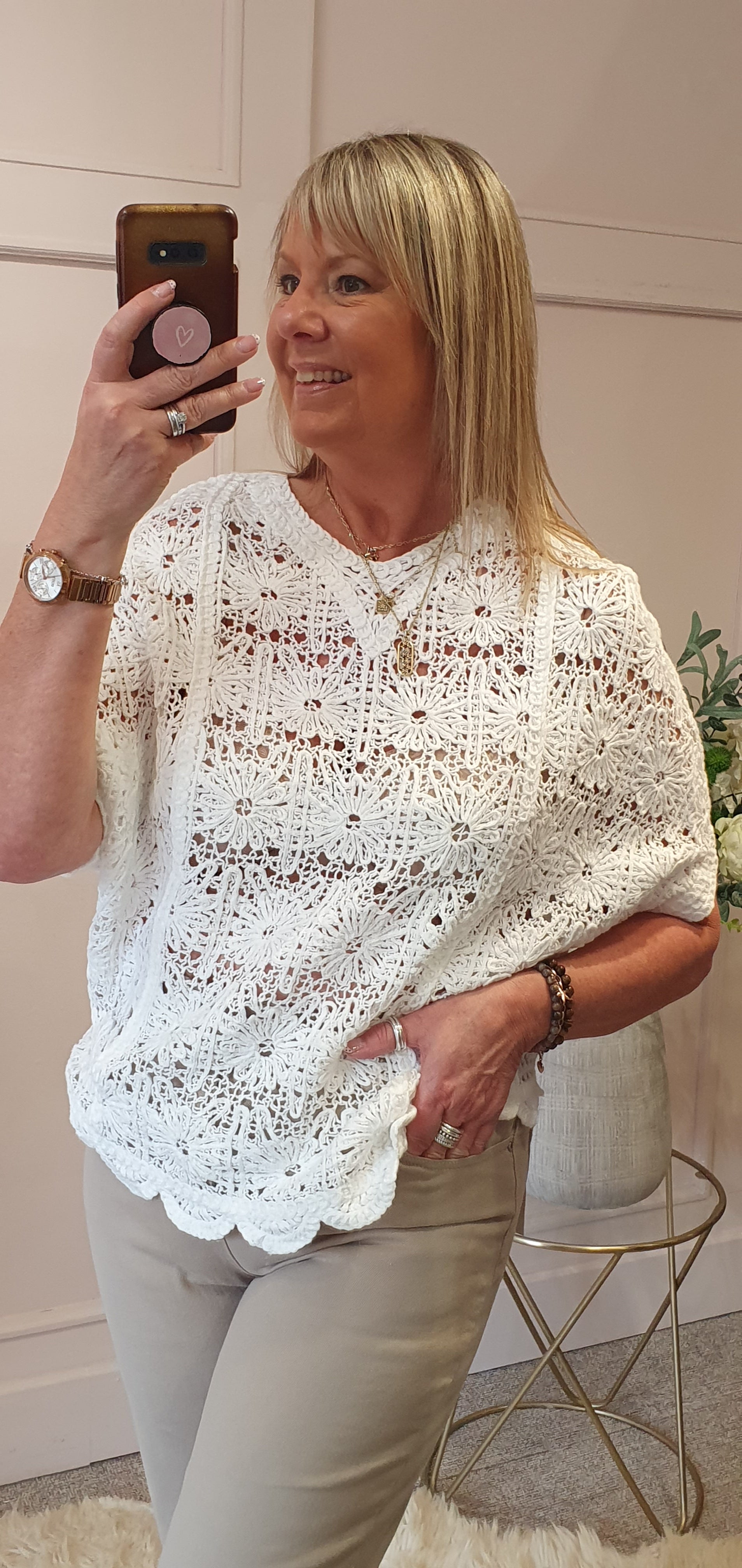 Crochet Floral Scallop Edge Jumper - White - Wardrobe By Simone