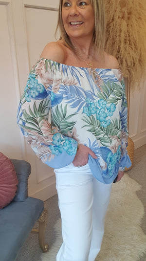 Floral Blossom Top - Blue/Cream