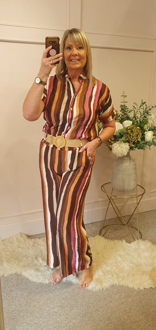 Multi Stripe Top & Pant Set - Brown/Mix - Wardrobe By Simone